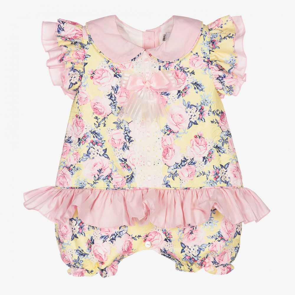 Beau KiD - Barboteuse jaune/rose à fleurs  | Childrensalon