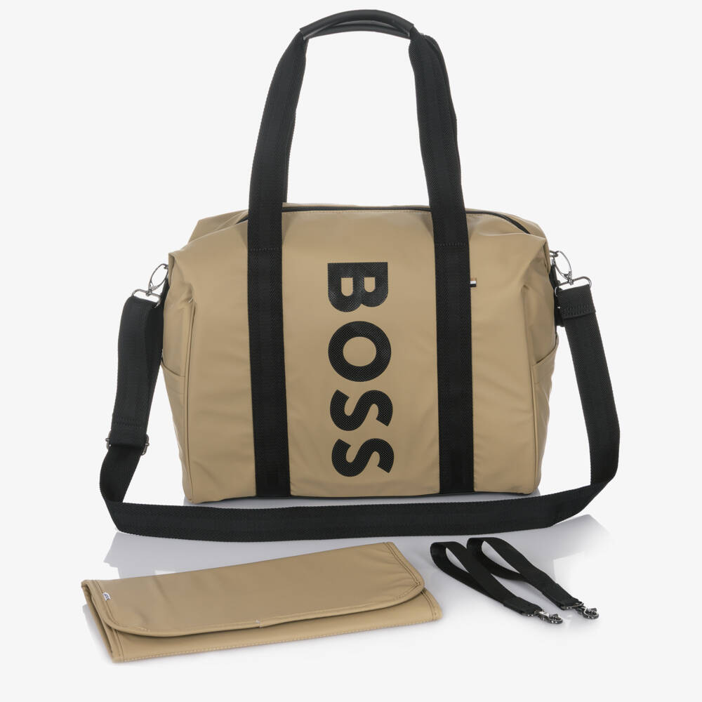 BOSS-Beige Changing Bag With Bold Black Logo (32cm) | Childrensalon Outlet