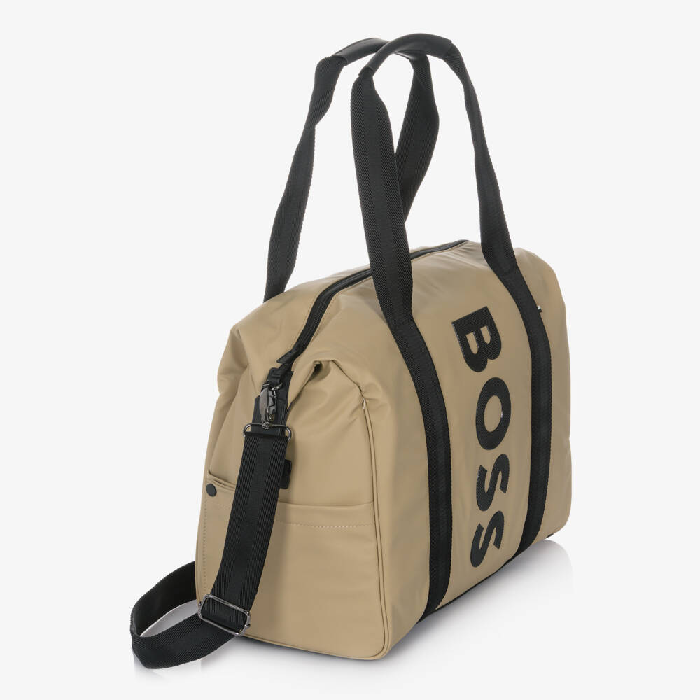 BOSS-Beige Changing Bag With Bold Black Logo (32cm) | Childrensalon Outlet