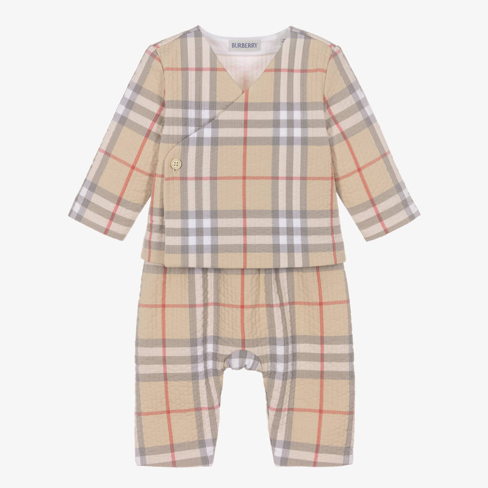 Burberry-Beige Check Cotton Quilted Trouser Set | Childrensalon Outlet
