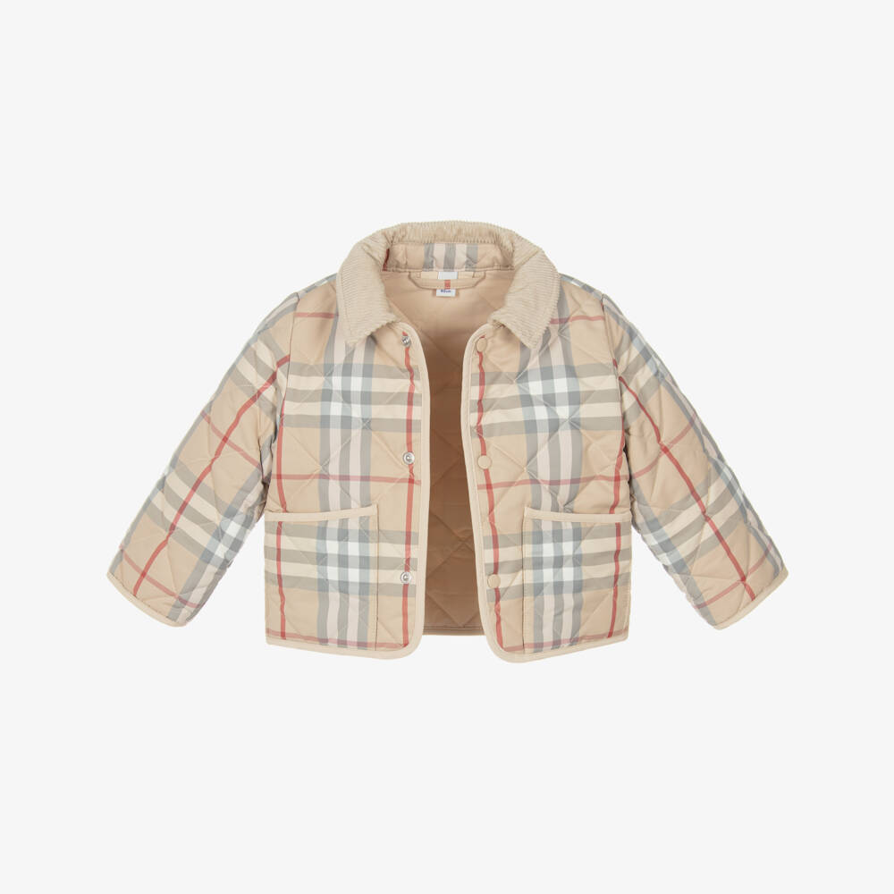 Burberry-Beige Checked Short Baby Jacket | Childrensalon Outlet