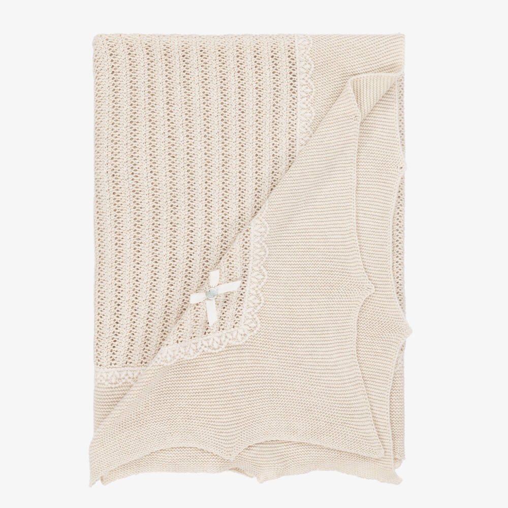 PAZ Rodríguez-Beige Cotton & Cashmere Knitted Baby Shawl (106cm) | Childrensalon Outlet