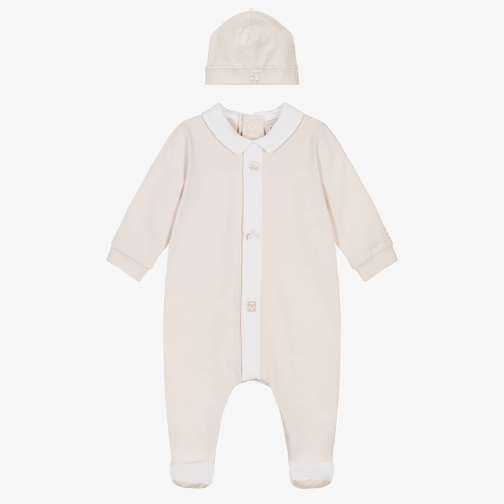 Emile et Rose-Beige Cotton Jersey Babygrow Set with Toy Embroidery | Childrensalon Outlet
