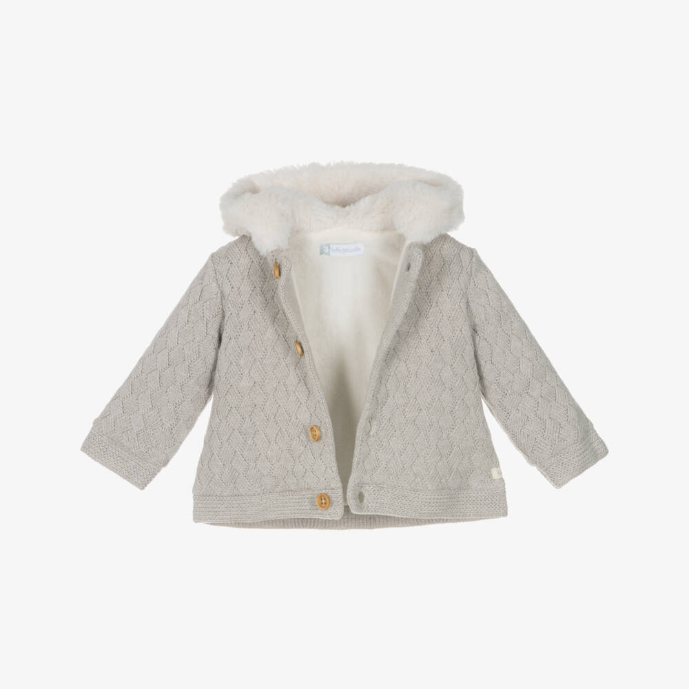 Tutto Piccolo-Beige Cotton Knit Baby Pram Coat with Faux Fur Lining | Childrensalon Outlet