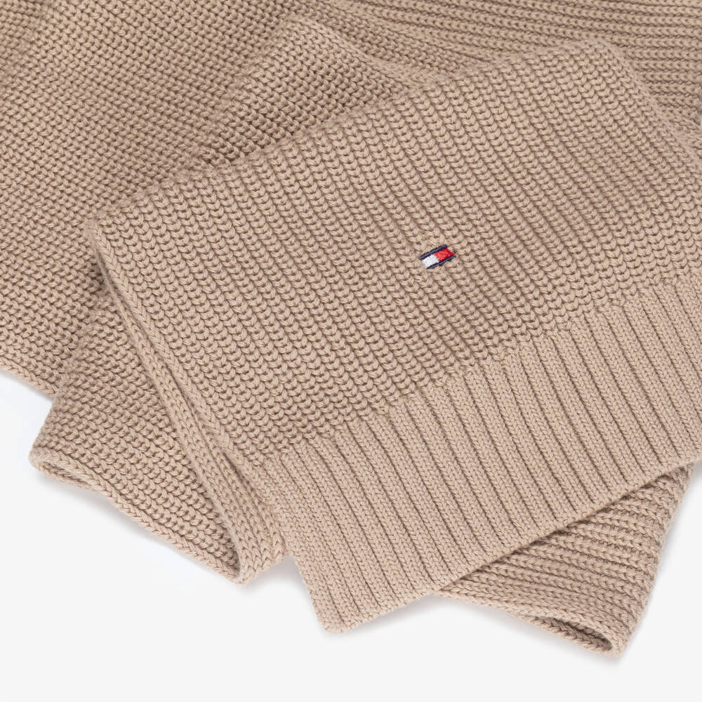 Tommy Hilfiger-Beige Cotton Ribbed Knit Scarf with Embroidered Logo (150cm) | Childrensalon Outlet