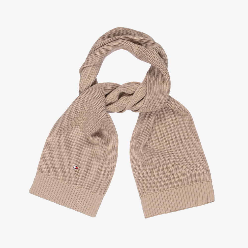Tommy Hilfiger-Beige Cotton Ribbed Knit Scarf with Embroidered Logo (150cm) | Childrensalon Outlet