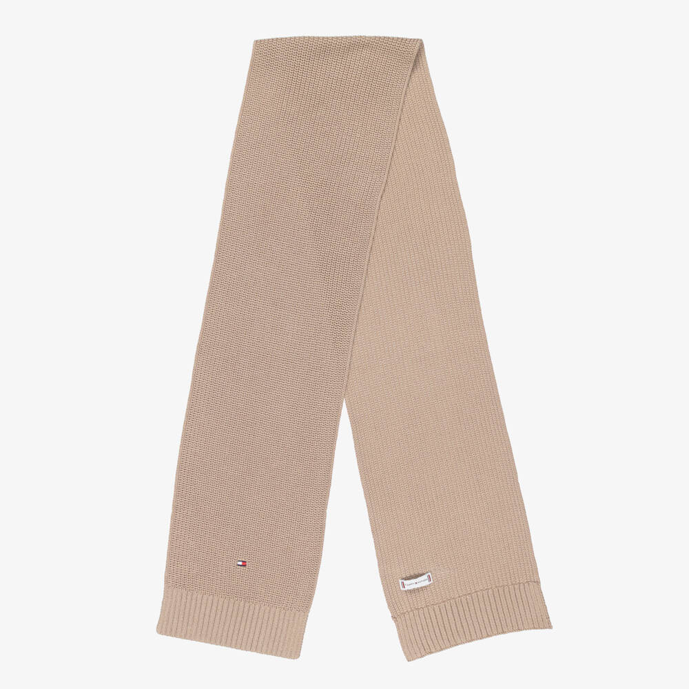 Tommy Hilfiger-Beige Cotton Ribbed Knit Scarf with Embroidered Logo (150cm) | Childrensalon Outlet
