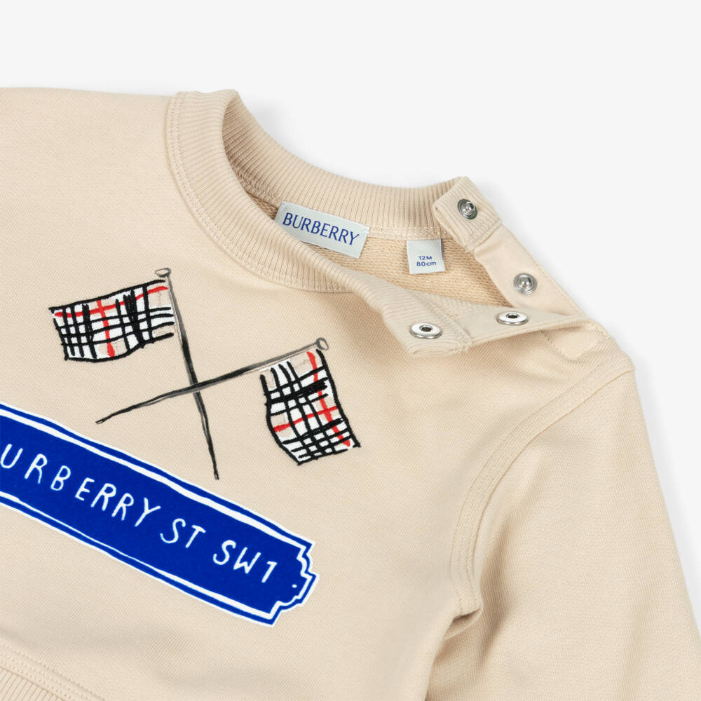 Burberry-Beige Cotton Sweatshirt with Embroidered Check Flags | Childrensalon Outlet