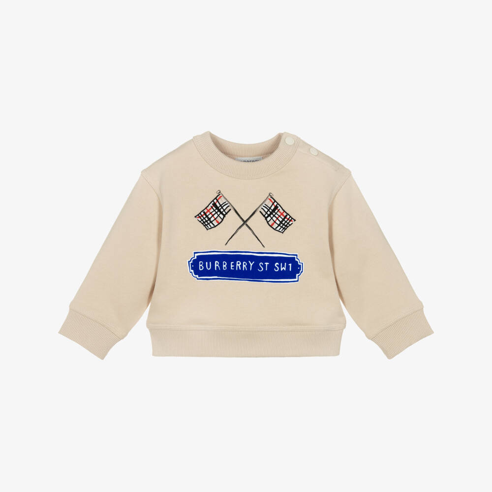 Burberry-Beige Cotton Sweatshirt with Embroidered Check Flags | Childrensalon Outlet