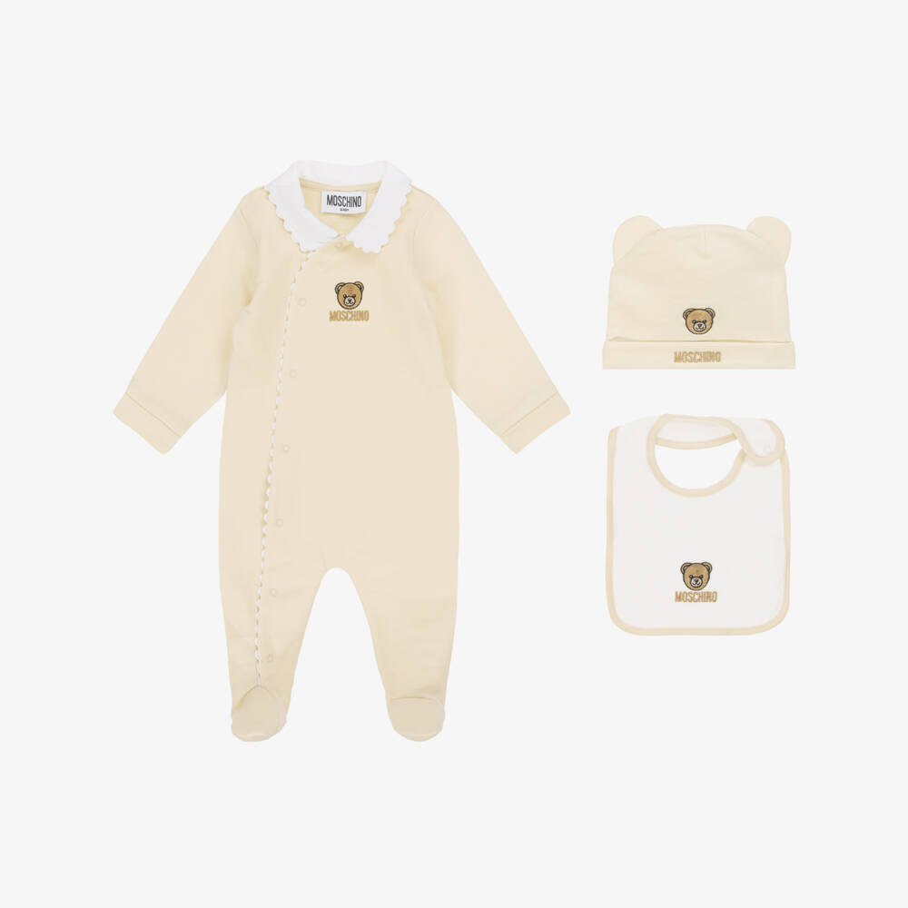 Moschino-Beige Cotton Teddy Bear Babysuit Set | Childrensalon Outlet