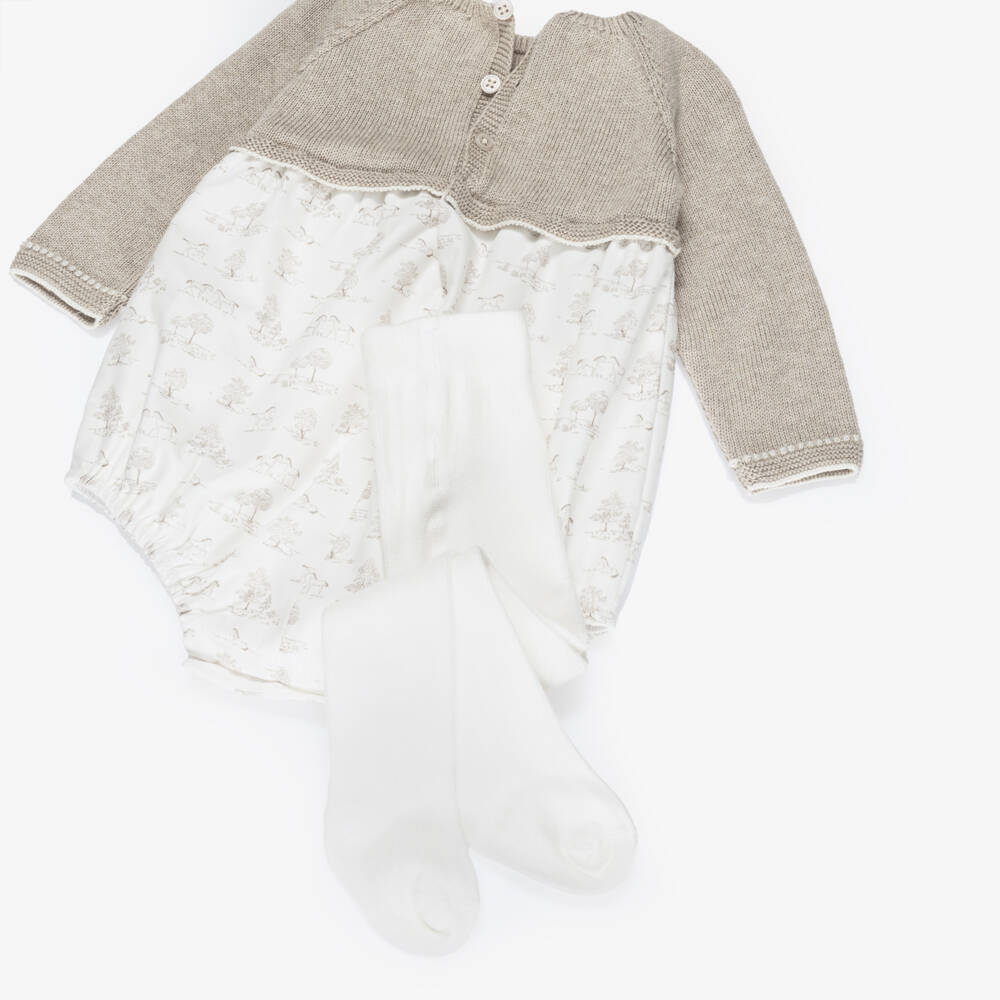 PAZ Rodríguez-Beige Cotton Toile de Jouy Shortie & Tights Set | Childrensalon Outlet