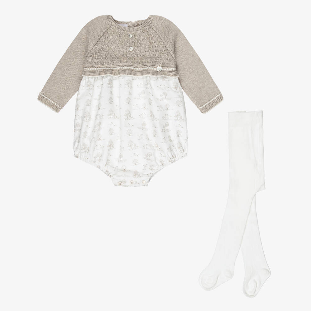 PAZ Rodríguez-Beige Cotton Toile de Jouy Shortie & Tights Set | Childrensalon Outlet