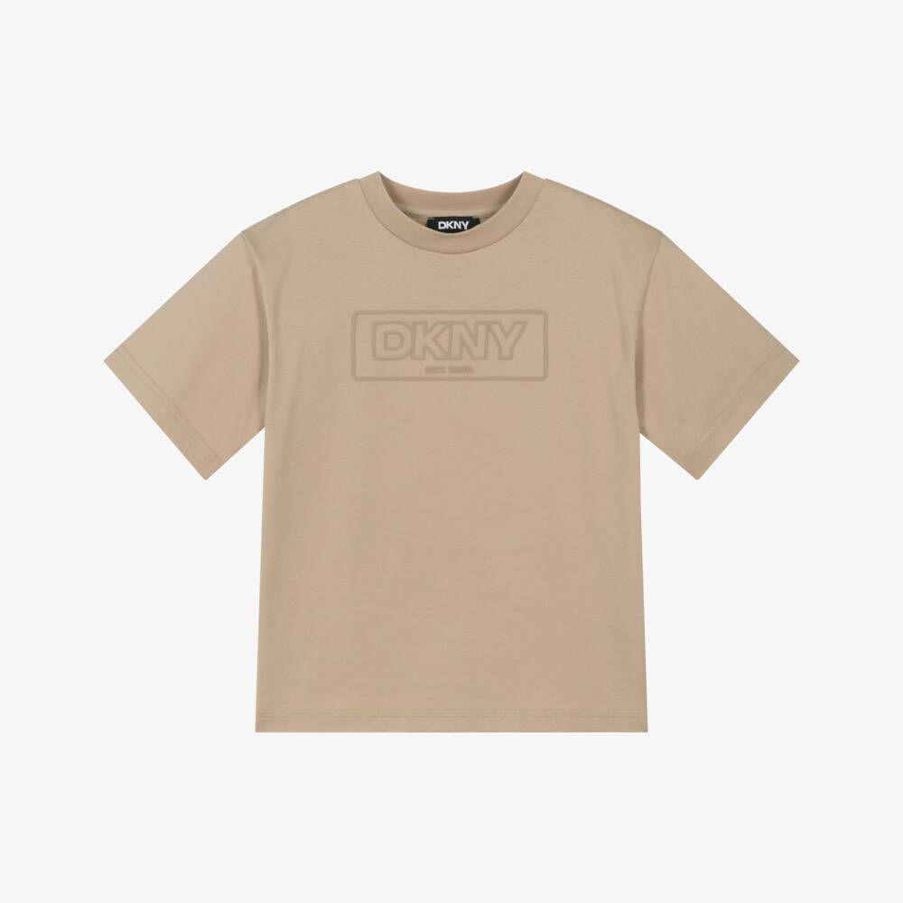 DKNY-Beige Cotton Tonal Box Logo T-Shirt | Childrensalon Outlet