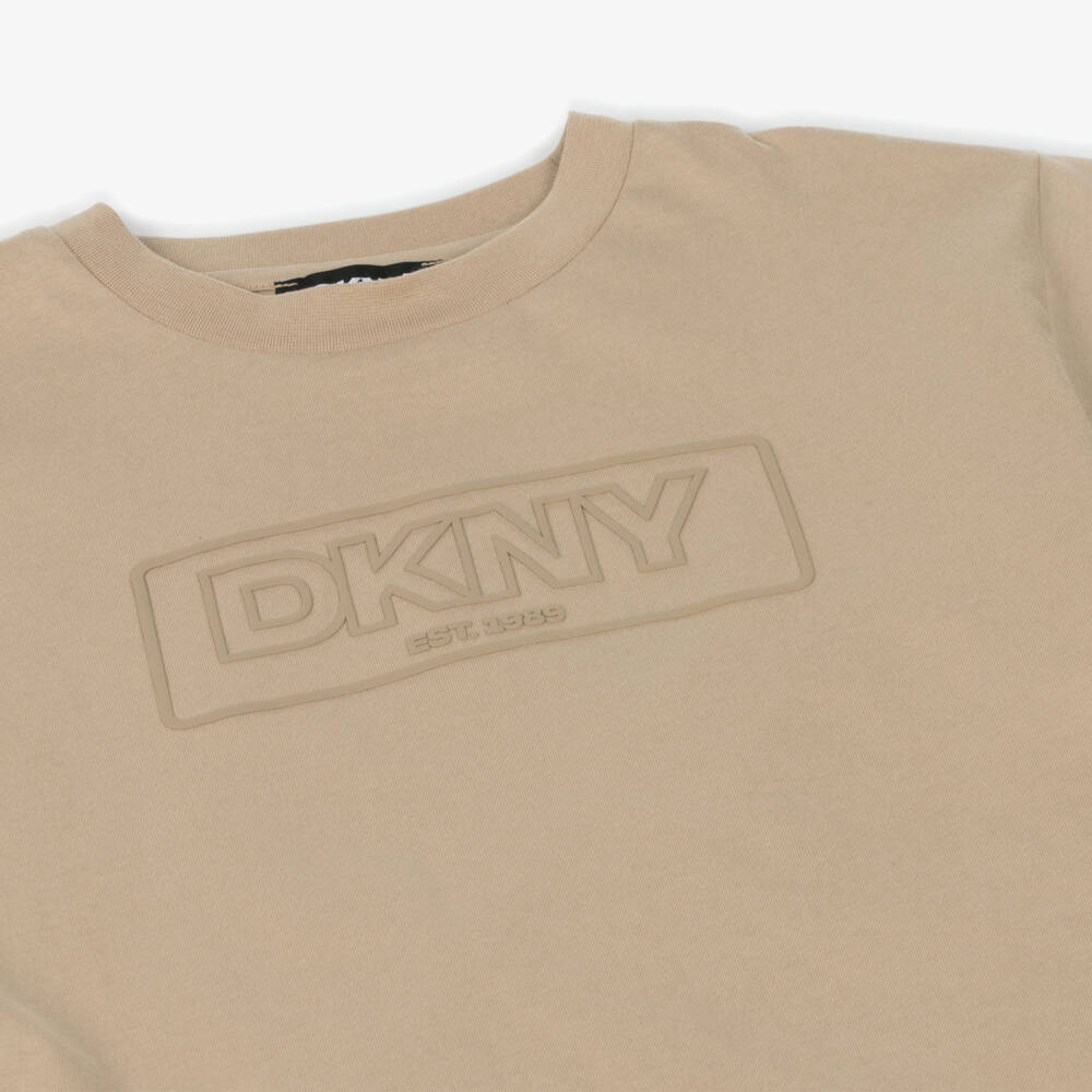 DKNY-Beige Cotton Tonal Box Logo T-Shirt | Childrensalon Outlet