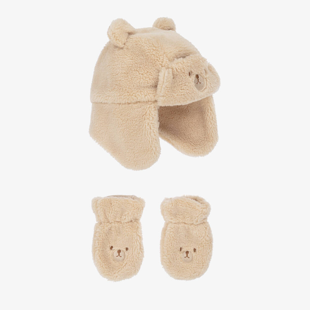 Mayoral-Beige Faux Fur Bear Hat & Mittens Set | Childrensalon Outlet