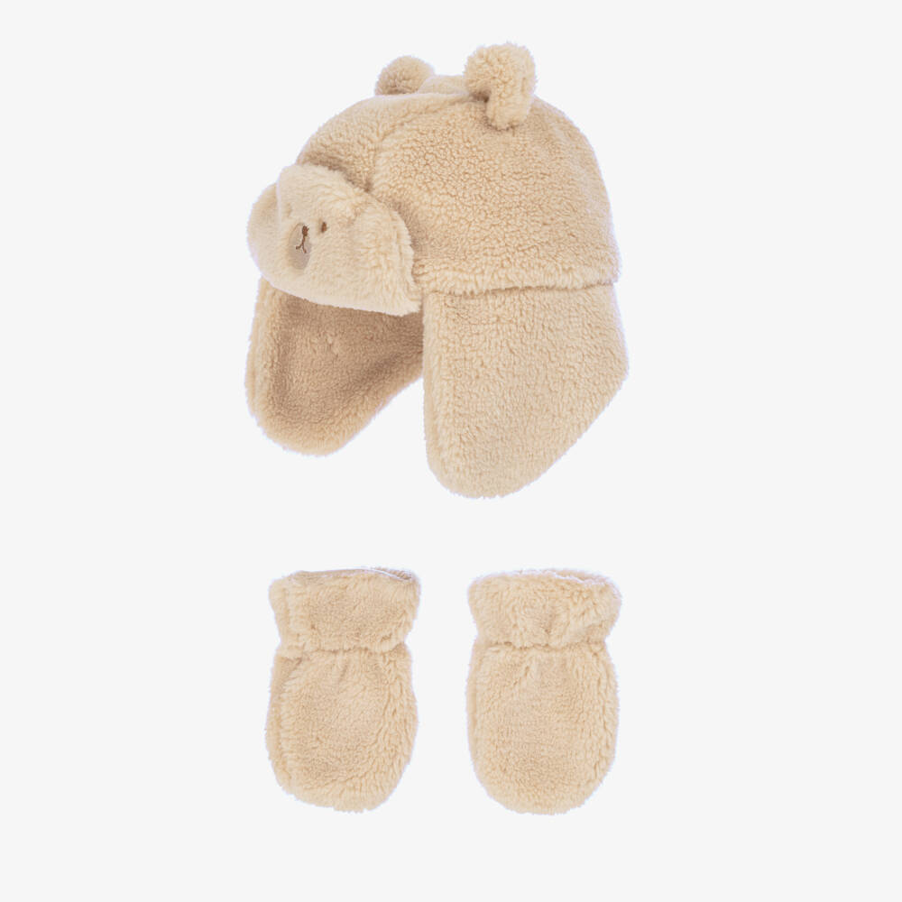 Mayoral-Beige Faux Fur Bear Hat & Mittens Set | Childrensalon Outlet