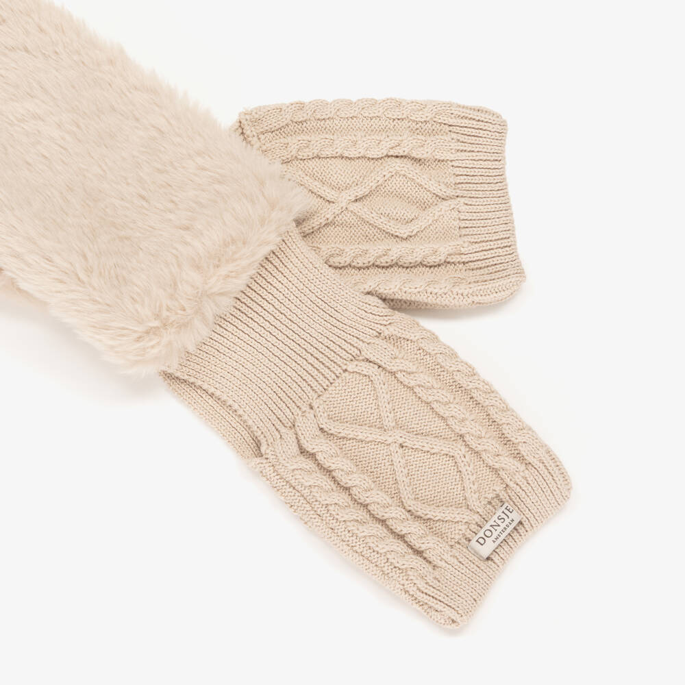 Donsje-Beige Faux Fur & Cotton Knit Scarf (78cm) | Childrensalon Outlet