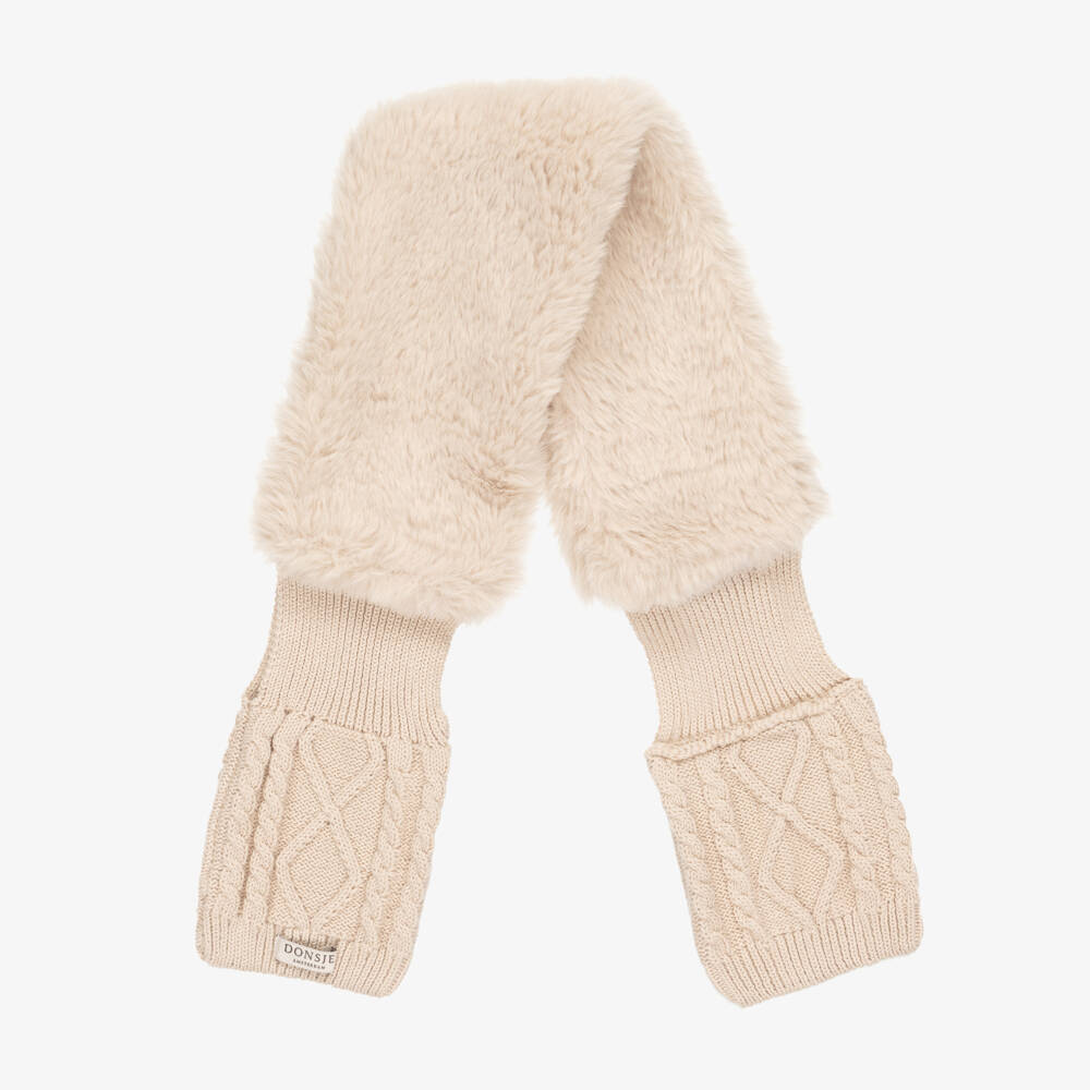 Donsje-Beige Faux Fur & Cotton Knit Scarf (78cm) | Childrensalon Outlet