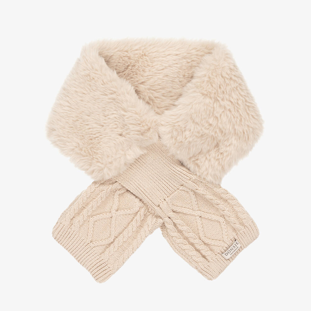 Donsje-Beige Faux Fur & Cotton Knit Scarf (78cm) | Childrensalon Outlet