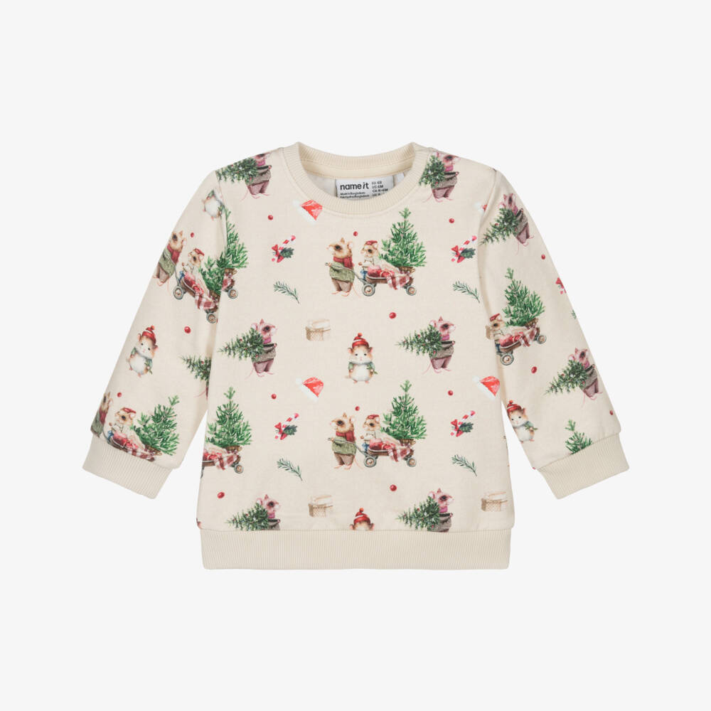 NAME IT-Beige Festive Organic Cotton Jersey Baby Sweatshirt | Childrensalon Outlet