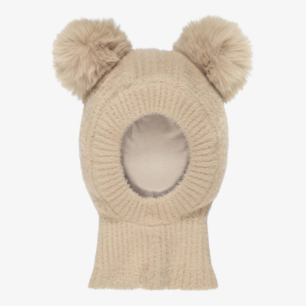 Jamiks-Beige Fluffy Knit Balaclava with Faux Fur Pom-Poms | Childrensalon Outlet