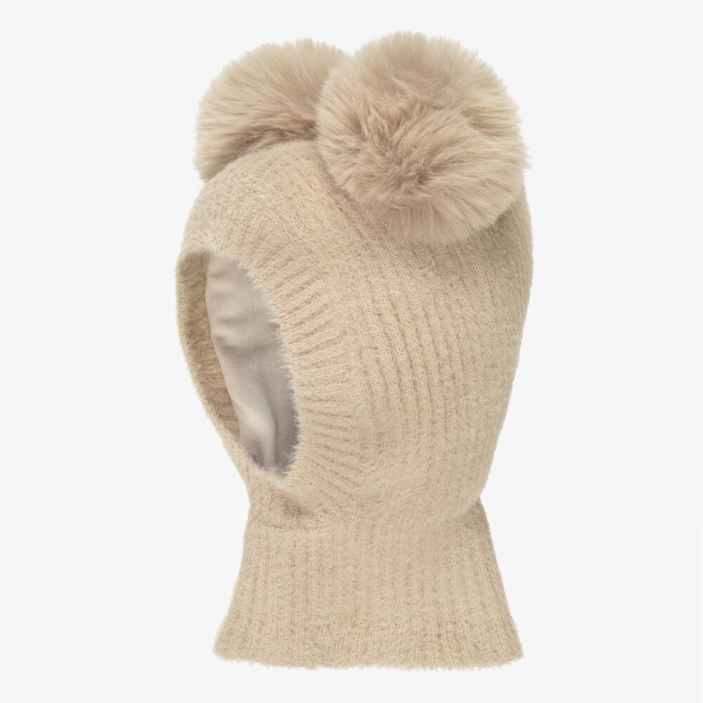 Jamiks-Beige Fluffy Knit Balaclava with Faux Fur Pom-Poms | Childrensalon Outlet