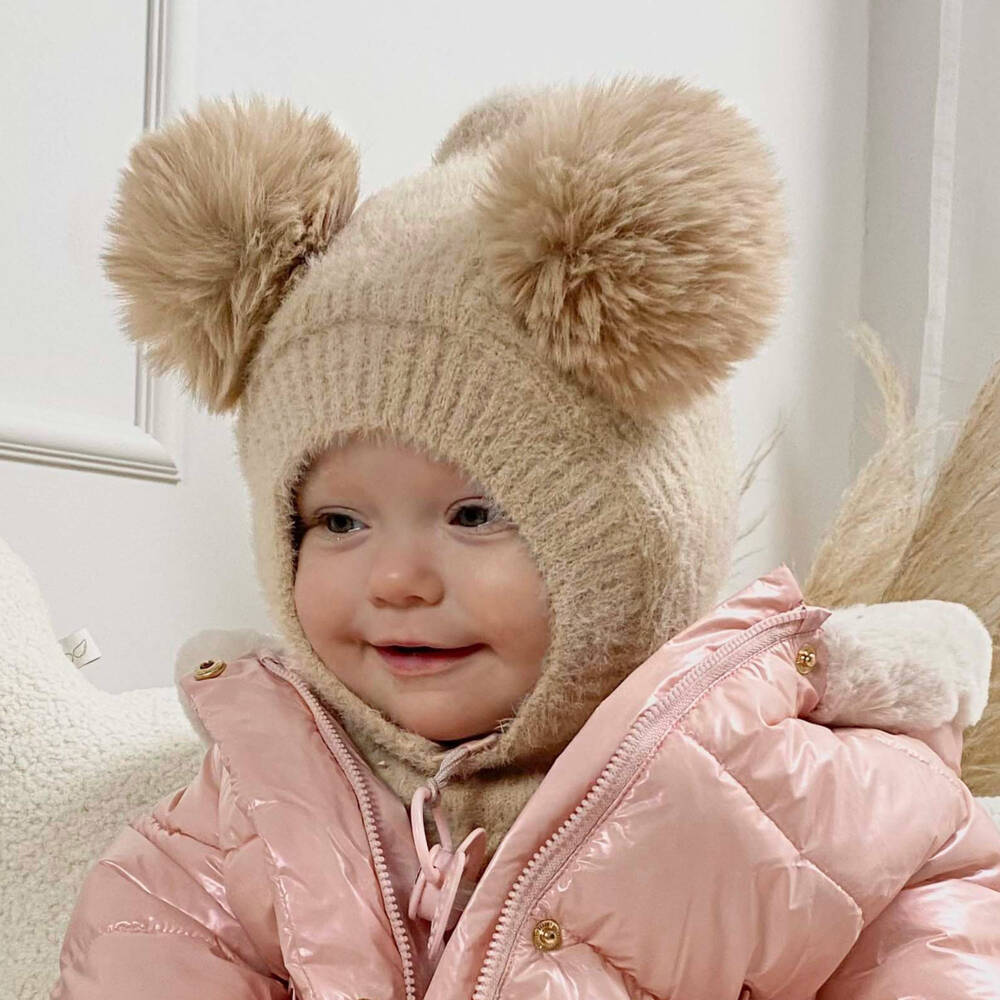 Jamiks-Beige Fluffy Knit Balaclava with Faux Fur Pom-Poms | Childrensalon Outlet