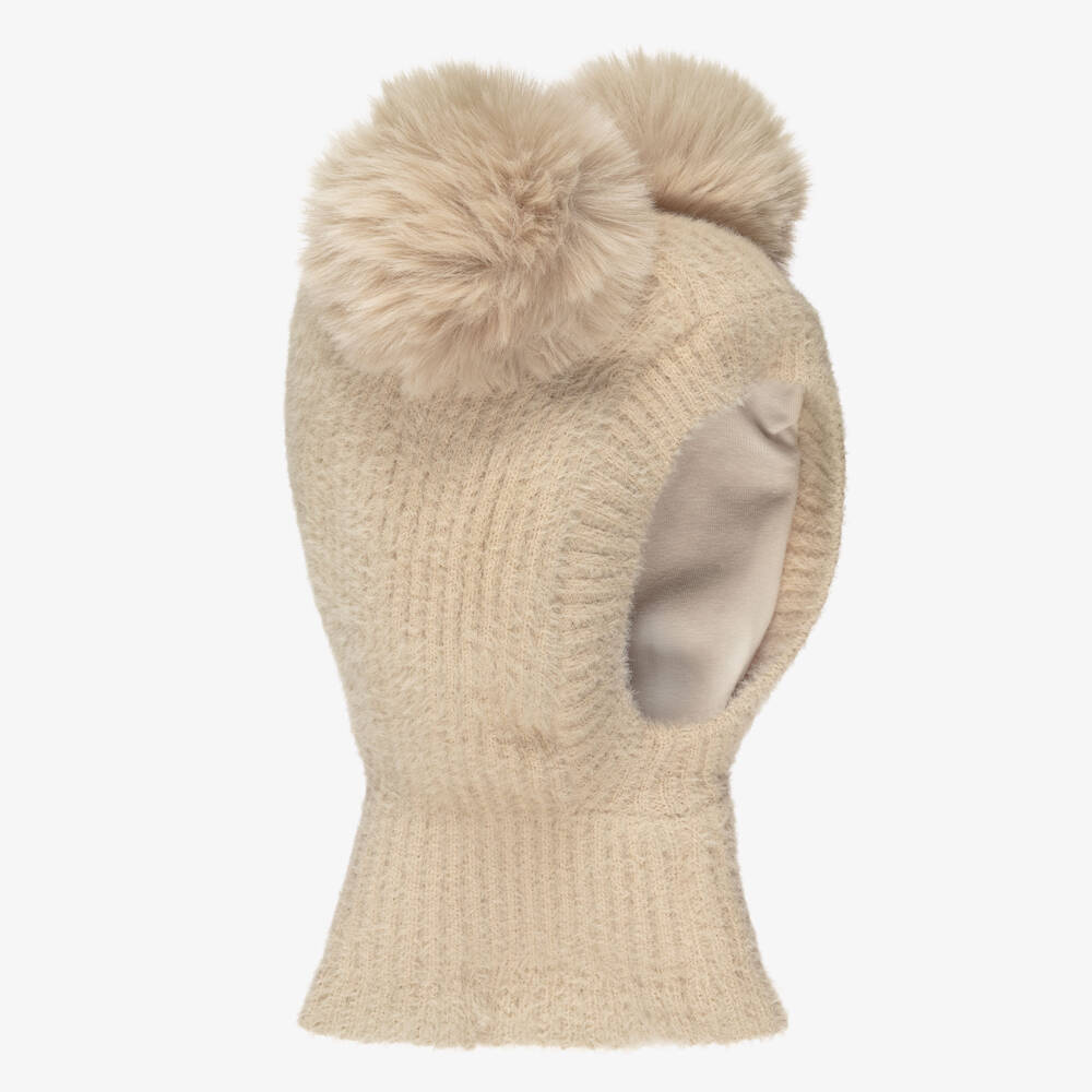 Jamiks-Beige Fluffy Knit Balaclava with Faux Fur Pom-Poms | Childrensalon Outlet