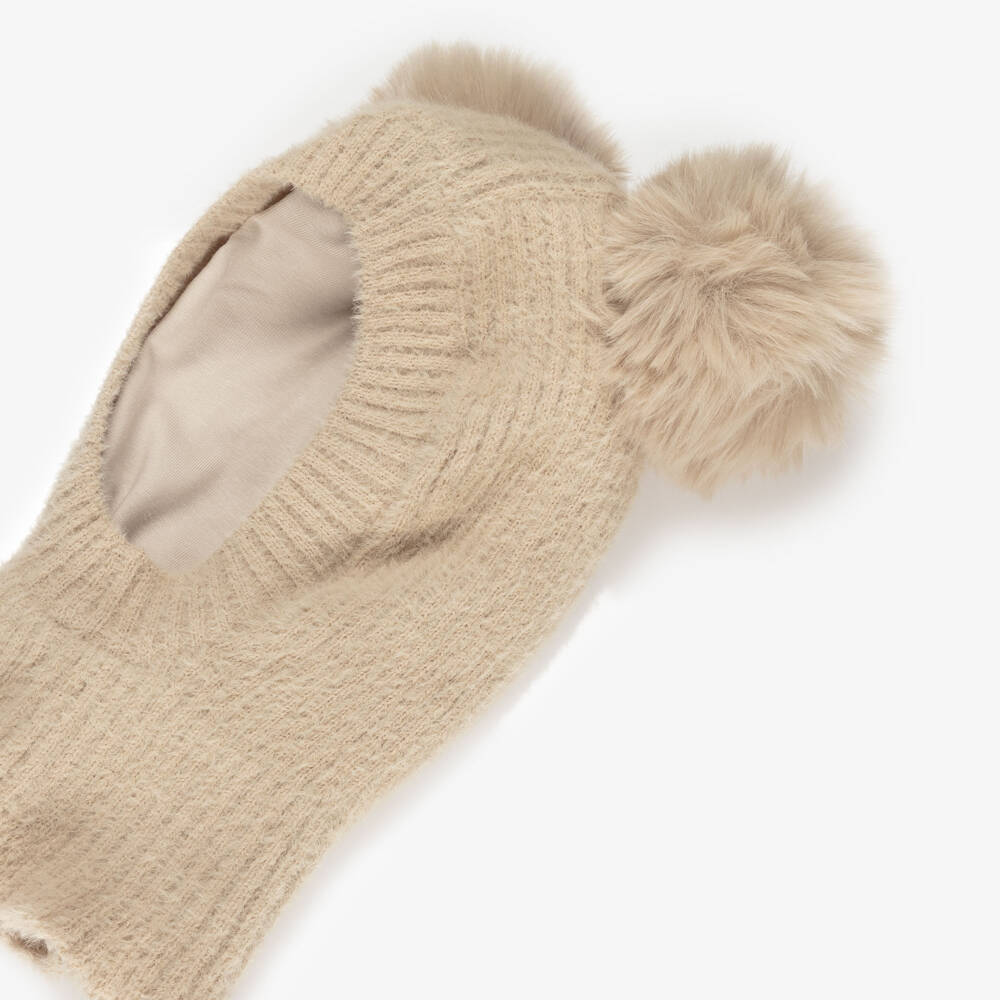 Jamiks-Beige Fluffy Knit Balaclava with Faux Fur Pom-Poms | Childrensalon Outlet
