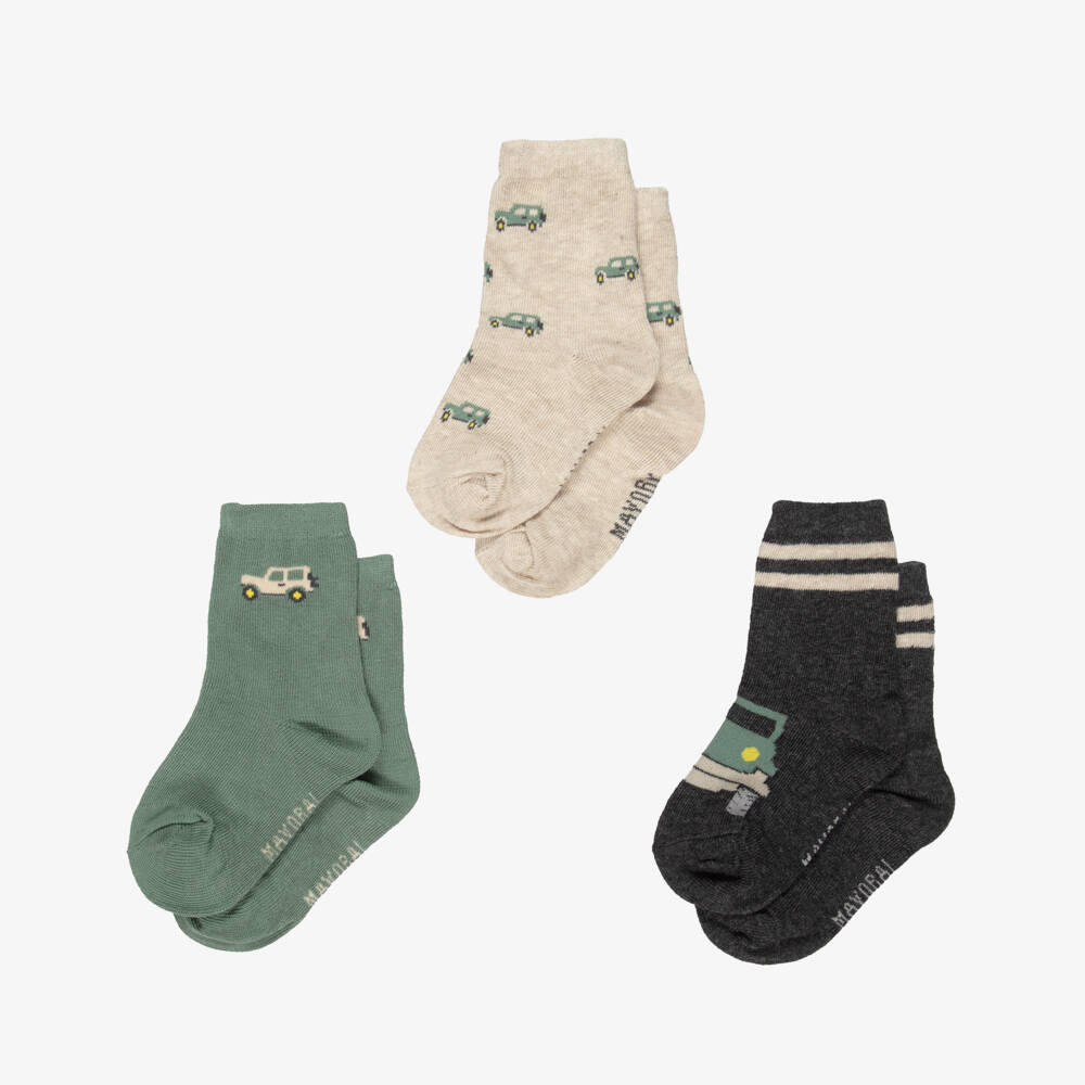 Mayoral-Beige, Grey & Green Car Socks (3 Pack) | Childrensalon Outlet