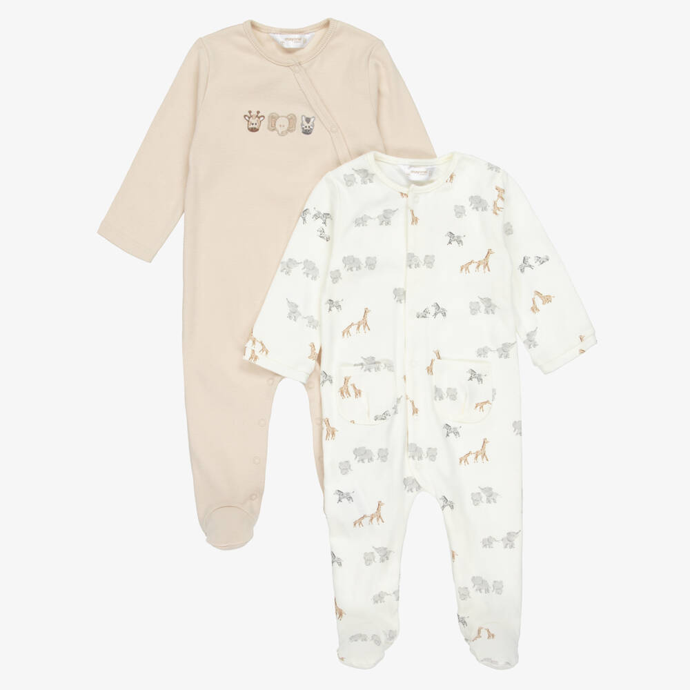 Mayoral Newborn-Beige & Ivory Cotton Safari Animal Babysuits (2 Pack) | Childrensalon Outlet
