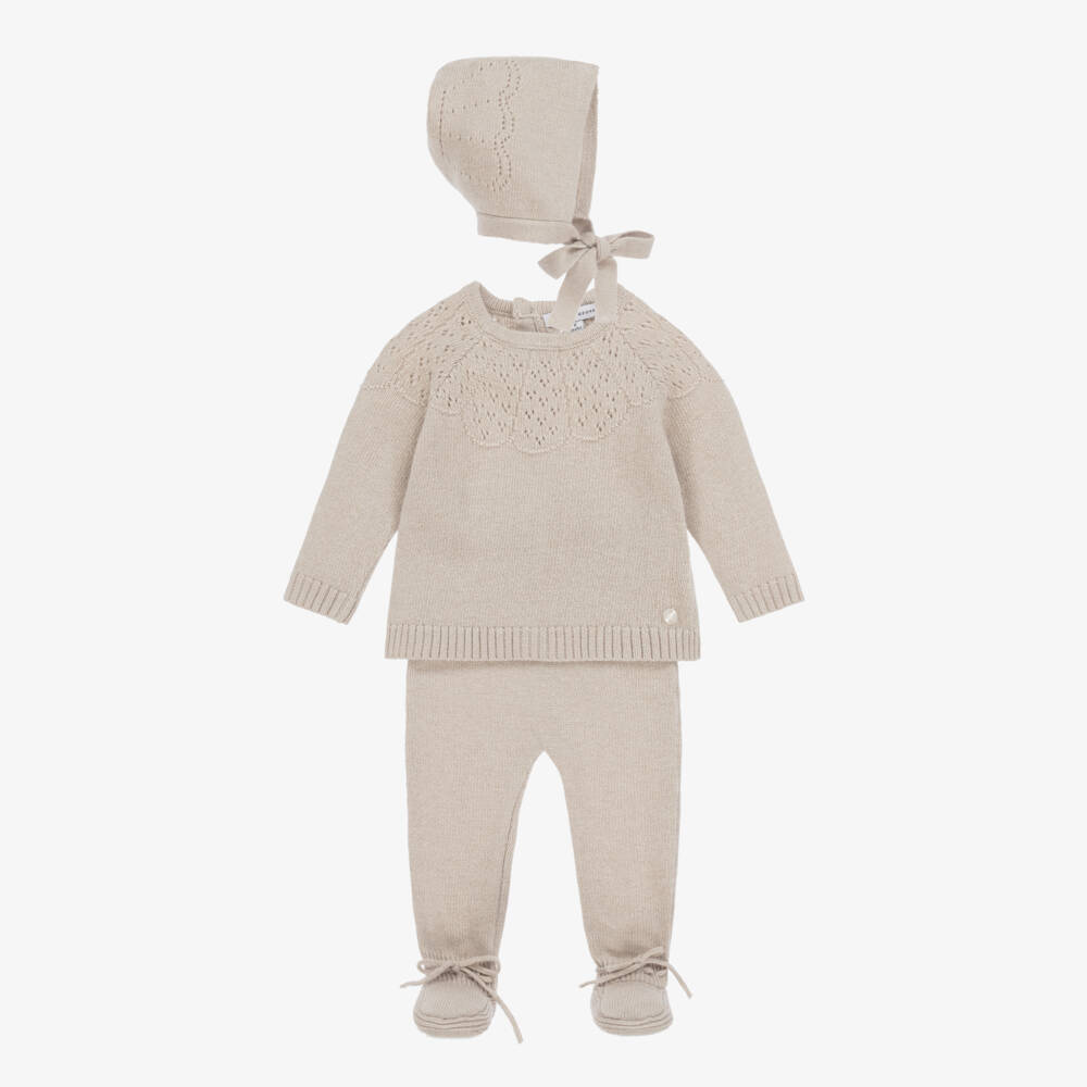 Beatrice & George-Beige Knitted Babygrow Set with Wool & Cashmere | Childrensalon Outlet