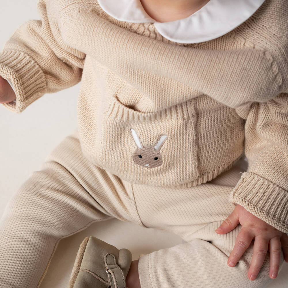 Donsje-Beige Knitted Cotton Bunny Sweater | Childrensalon Outlet