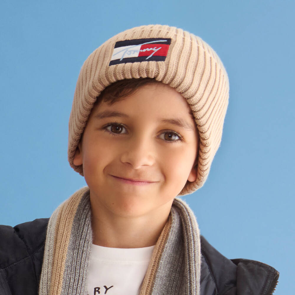 Tommy Hilfiger-Beige Knitted Organic Cotton Flag Logo Beanie | Childrensalon Outlet