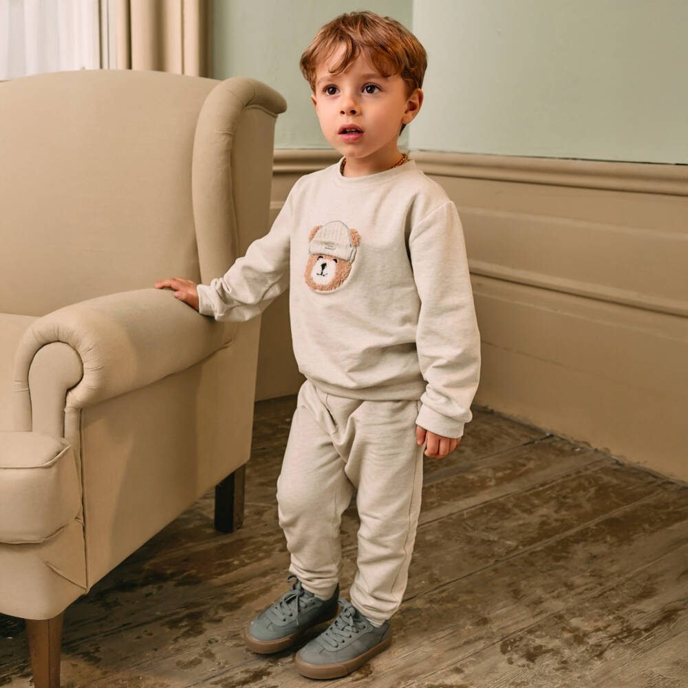 Patachou-Beige Marl Cotton Jersey Teddy Tracksuit | Childrensalon Outlet