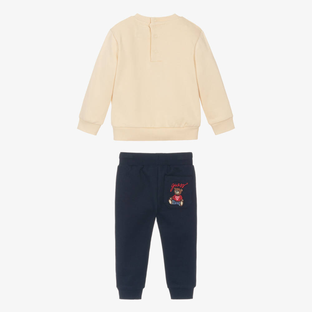 Guess-Beige & Navy Blue Cotton Teddy Bear Baby Tracksuit | Childrensalon Outlet