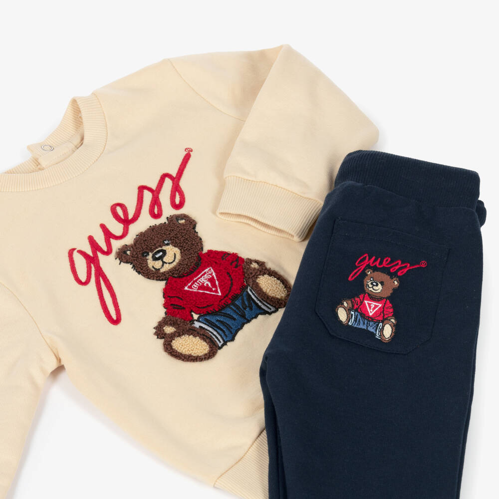 Guess-Beige & Navy Blue Cotton Teddy Bear Baby Tracksuit | Childrensalon Outlet