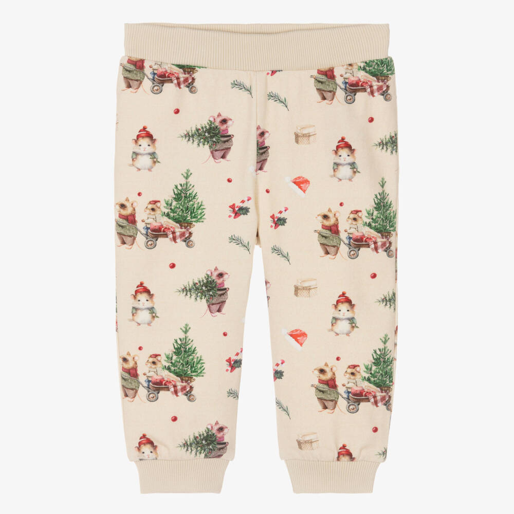 NAME IT-Beige Organic Cotton Festive Mouse Print Baby Joggers | Childrensalon Outlet