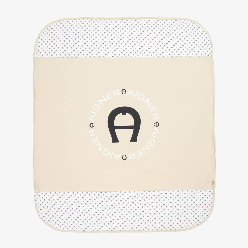 AIGNER-Beige Pima Cotton Padded Blanket with Horseshoe Logo (90cm) | Childrensalon Outlet
