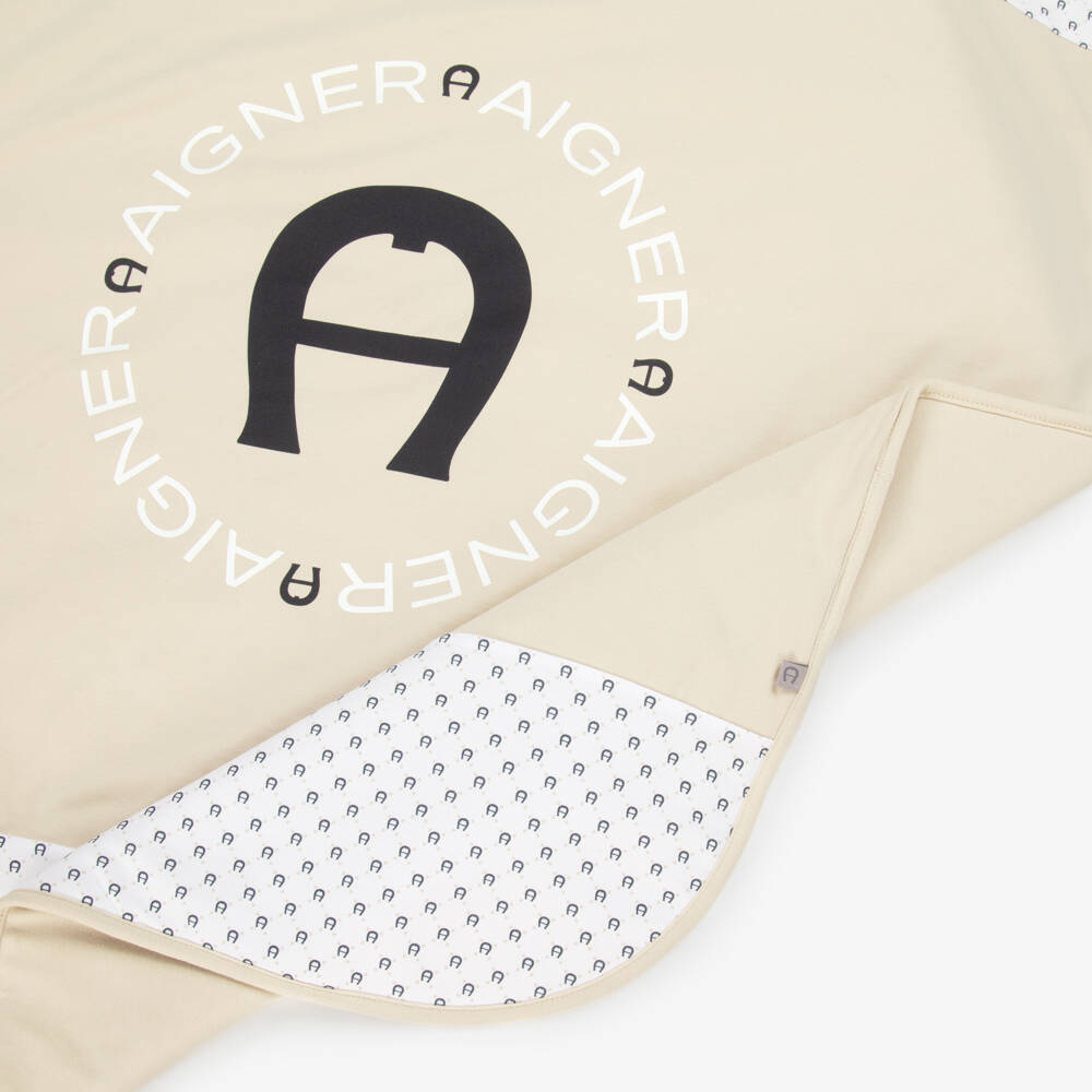 AIGNER-Beige Pima Cotton Padded Blanket with Horseshoe Logo (90cm) | Childrensalon Outlet