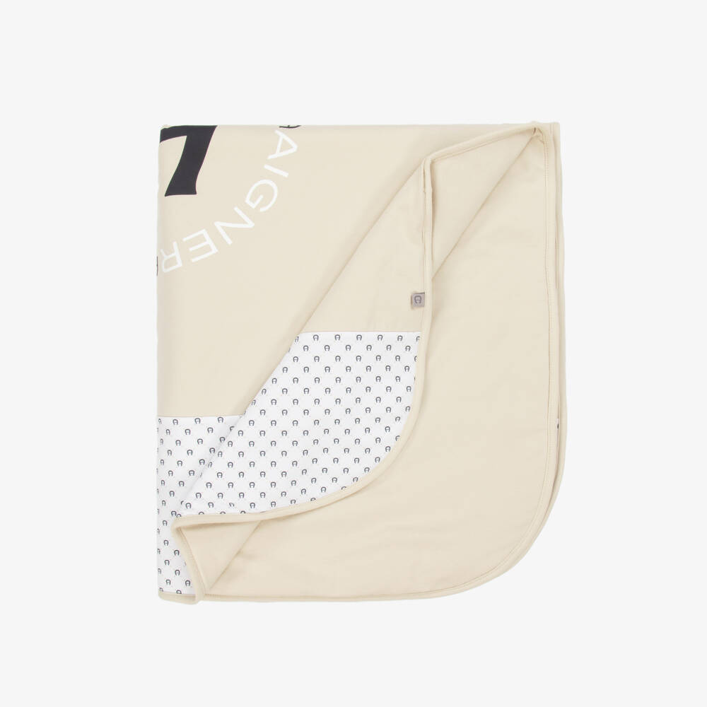 AIGNER-Beige Pima Cotton Padded Blanket with Horseshoe Logo (90cm) | Childrensalon Outlet