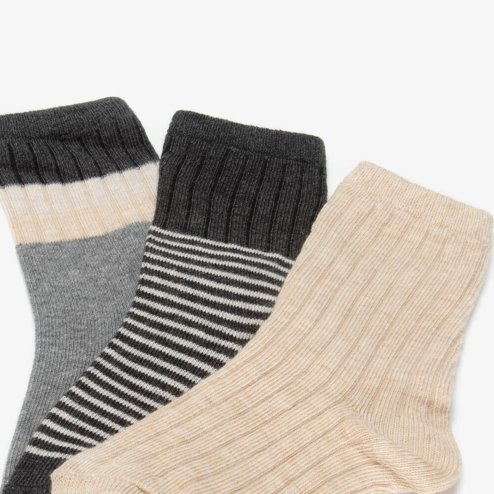 Mayoral-Beige Ribbed & Grey Striped Socks (3 Pack) | Childrensalon Outlet