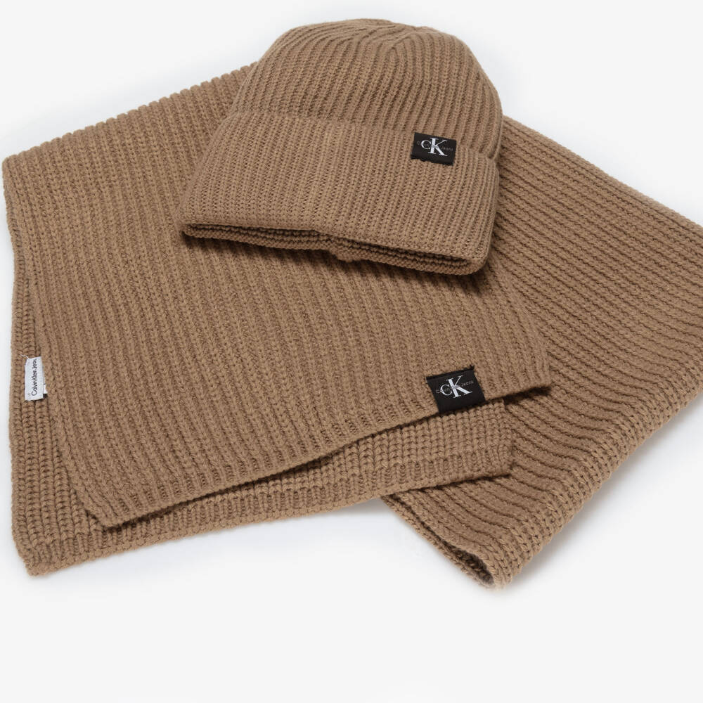 Calvin Klein-Beige Ribbed Knit Beanie Hat & Scarf Set with Monogram Logo | Childrensalon Outlet
