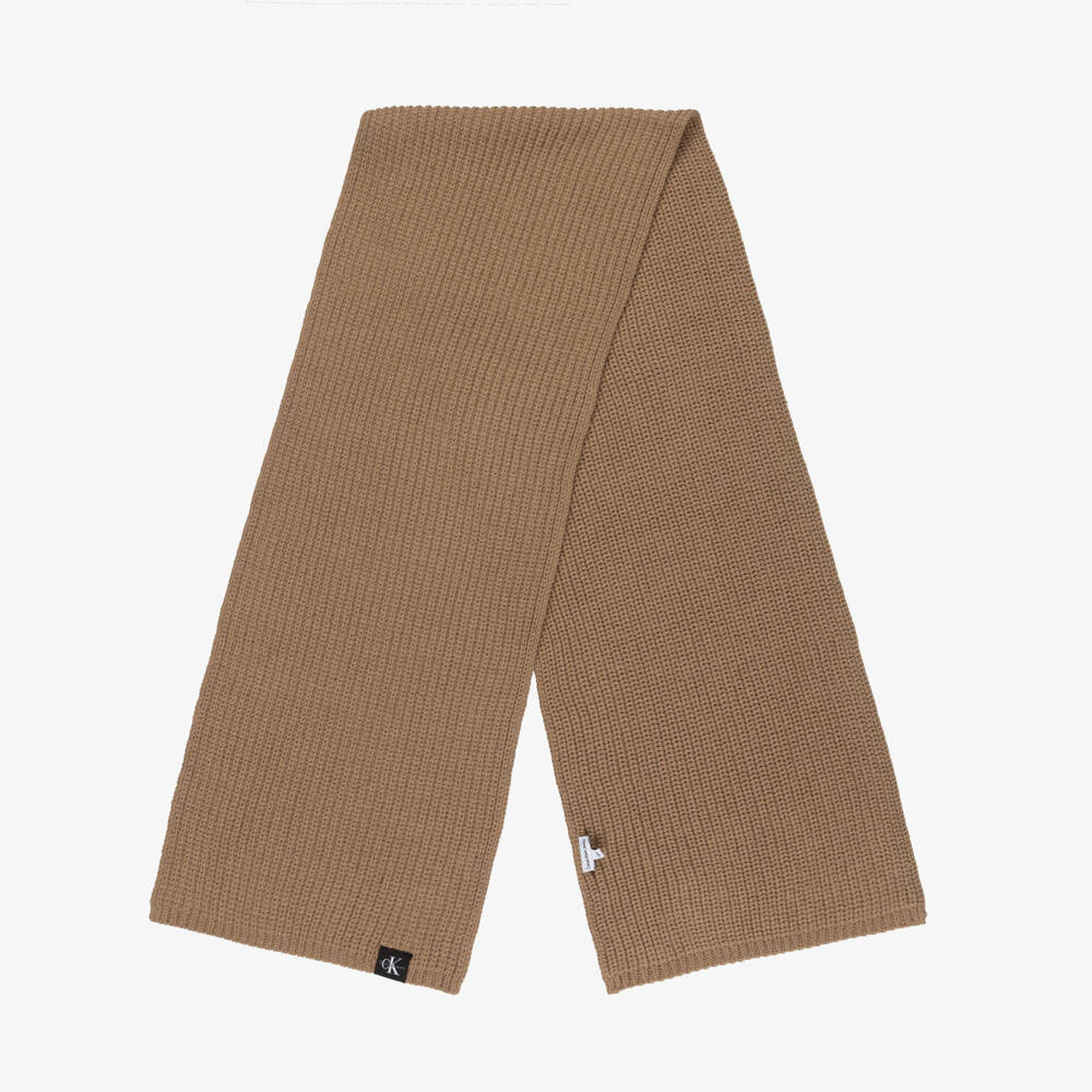 Calvin Klein-Beige Ribbed Knit Beanie Hat & Scarf Set with Monogram Logo | Childrensalon Outlet