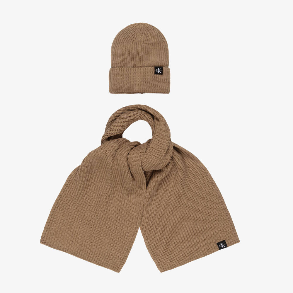 Calvin Klein-Beige Ribbed Knit Beanie Hat & Scarf Set with Monogram Logo | Childrensalon Outlet