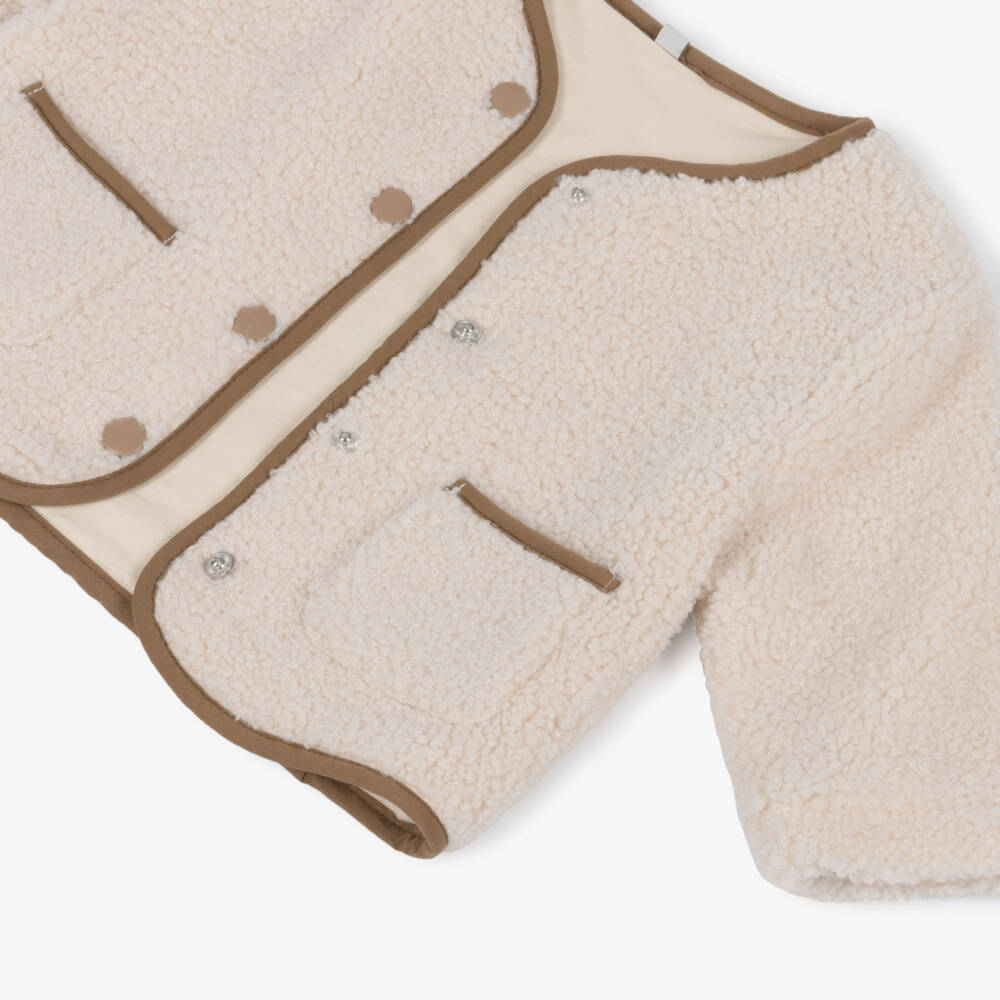 Week-end à la mer-Beige Sherpa Fleece Jacket with Brown Trims | Childrensalon Outlet