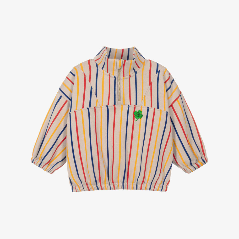 Mini Rodini-Beige Striped Cotton Jersey Clover Quarter-Zip Sweatshirt | Childrensalon Outlet