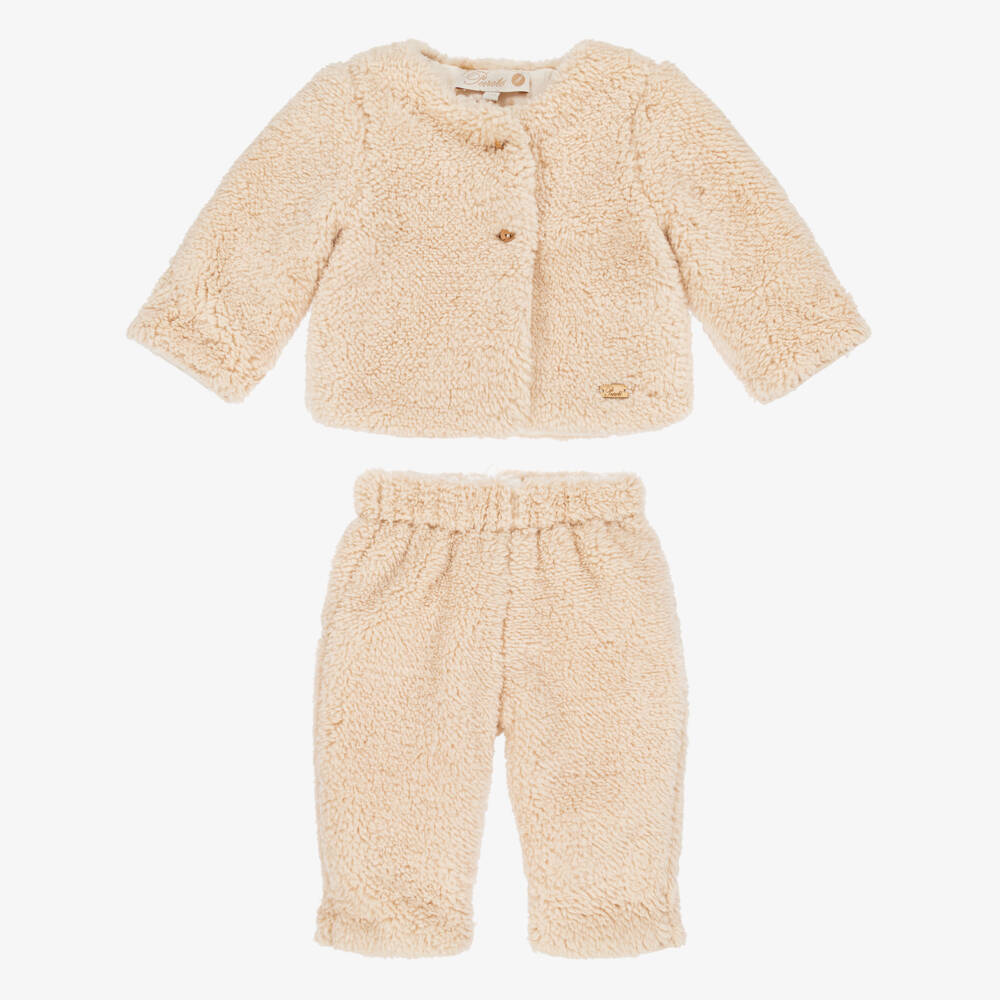 Pureté Du... Bébé-Beige Teddy Fleece Baby Pram Coat & Trouser Set | Childrensalon Outlet