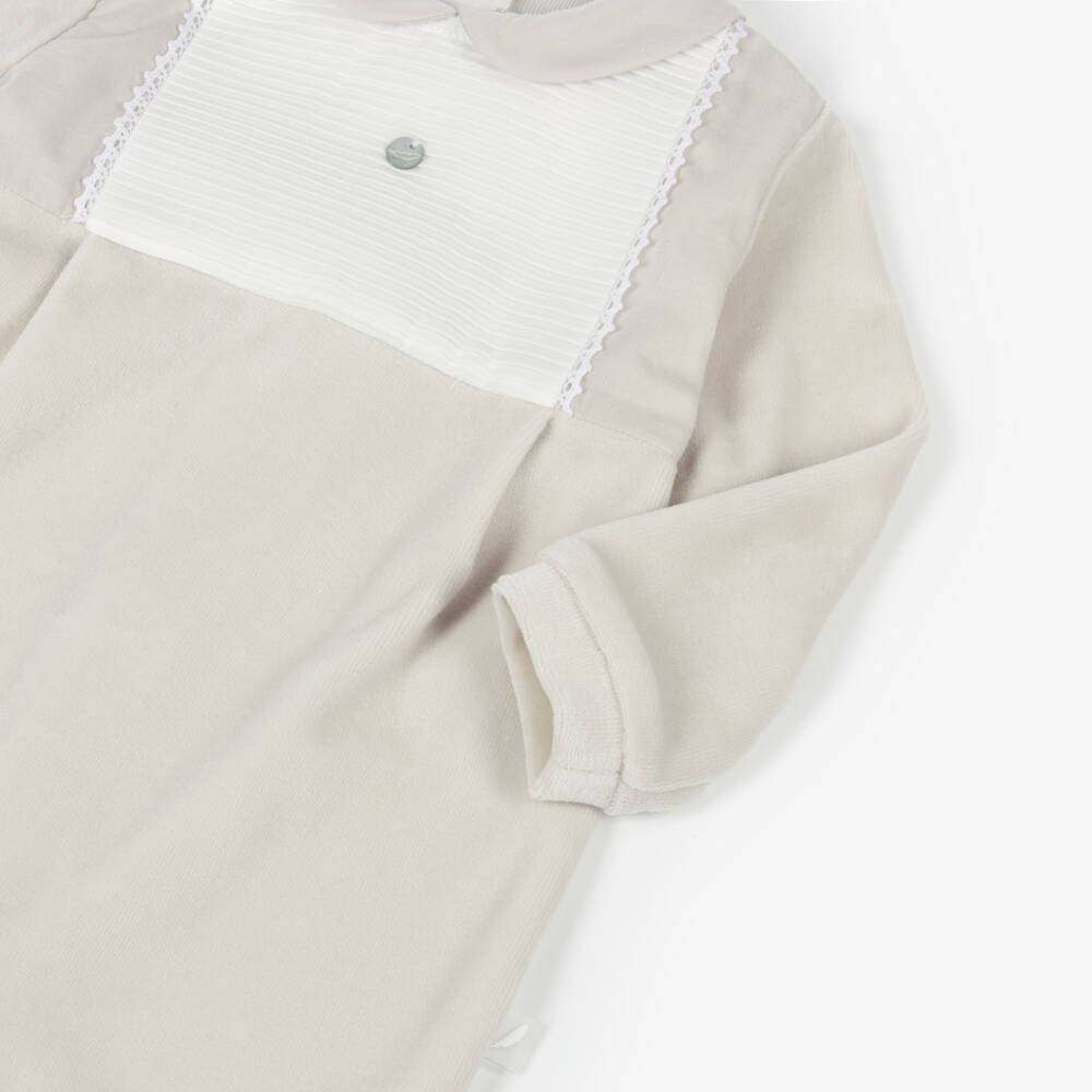Pureté Du... Bébé-Beige Velour Babygrow with Pintuck Bib Front | Childrensalon Outlet