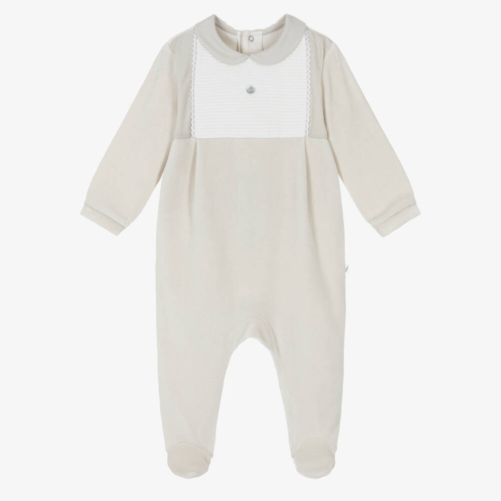 Pureté Du... Bébé-Beige Velour Babygrow with Pintuck Bib Front | Childrensalon Outlet